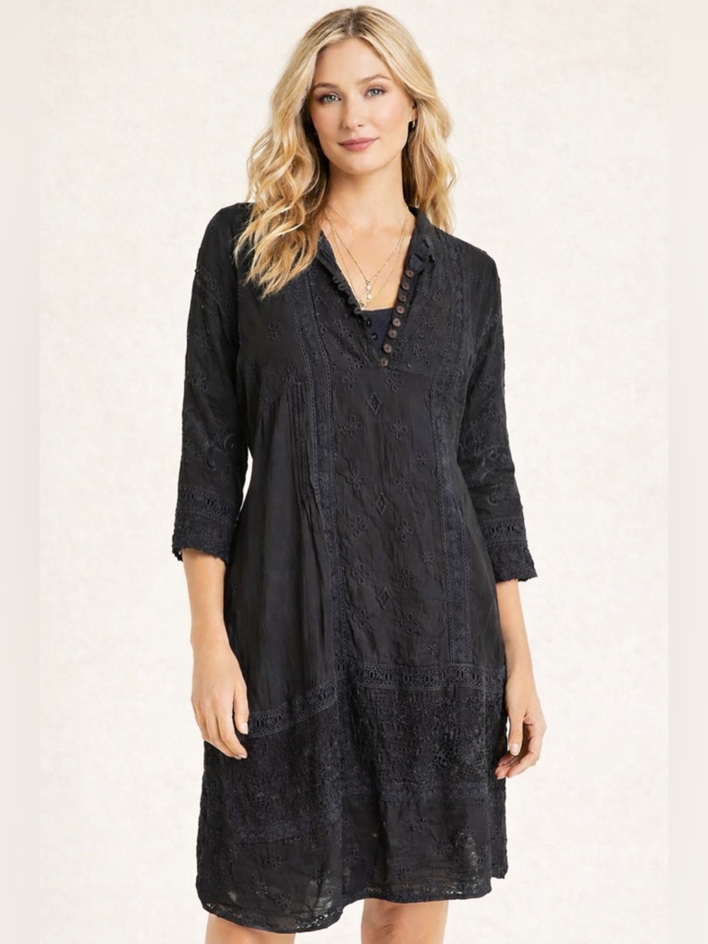Johnny Was black Dress. Eyelet Embroidered 100% Cupra Rayon.